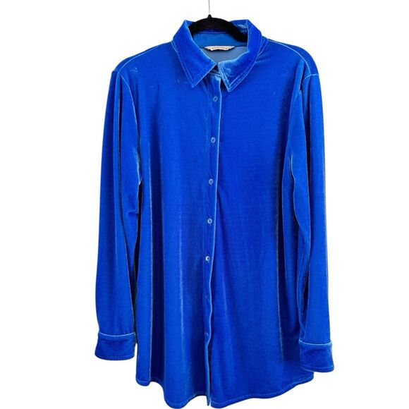 Soft Surroundings Blue Velvet Button Front Long Sleeve Tunic Top Size Medium - Picture 5 of 10